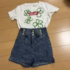 【セット】クロップド丈Tシャツ&ハイウエストデニムショートパンツブルーMサイズ
