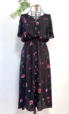 ニコアンド　花柄 半袖 ロングワンピース 黒