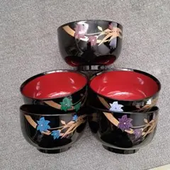 黒赤漆塗り花模様お椀5個セット