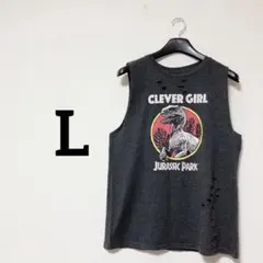 ダークグレーのタンクトップ【L】恐竜プリントとダメージ加工が特徴