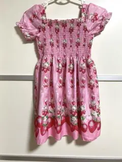 イチゴ柄ピンク半袖女の子ワンピース 116-122CM(7Y)