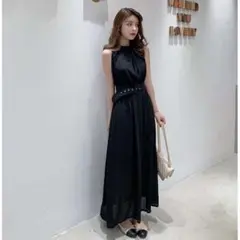 【特別価格】実物あり♪ ベルト付き シフォン ノースリーブ マキシワンピース 黒