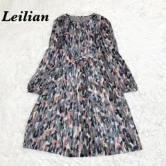 【美品】 Leilian 9 胸元プリーツ 長袖ワンピース グレー系
