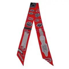【美品】エルメス スカーフ ツイリー 『大統領の馬具』 シルク レッド系 Q23