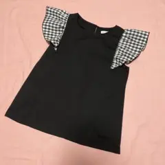 黒ギンガムチェックフリル袖ノースリーブシャツ M