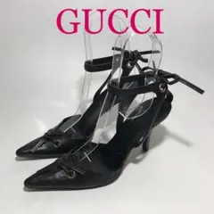 グッチ イタリア製 アンクルストラップポインテッドトゥパンプス ピンヒール