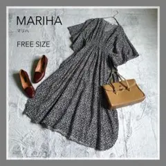 【MARIHA】マリハ 花柄 ギャザー ワンピース カフタンドレス 黒 フリー