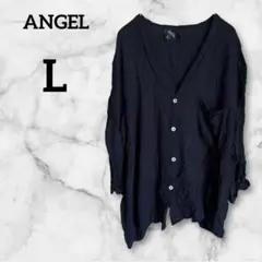 ANGEL【L】オープンバックブラウス 黒 ボタン付きシャツ 背中開き 七分袖