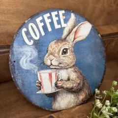メタルサイン　ウサギ　コーヒー　看板　ブリキ看板風