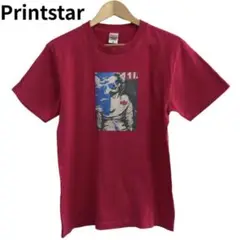 プリントスター 赤 フロントグラフィックTシャツ　個性派　丸首　Mサイズ
