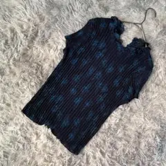 美品 HANAE MORI シアープリーツカットソー 半袖 蝶柄 ネイビー M