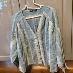 ZARA 刺繍入り青長袖シャツ　Lサイズ M w XL