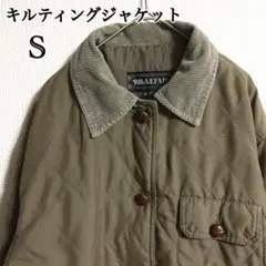 キルティングジャケット 襟コーデュロイ レザー調 くるみボタン カーキ