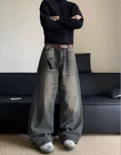 ワイドデニム バギーデニム バレルレッグデニムパンツ L ブラック 黒