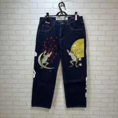 サンマルイチ 参丸一 カエル刺繍 和柄デニムパンツ32インチ　刺繍　ペイント