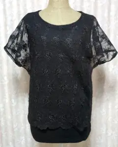 【美品】レディーストップス フレンチ袖カットソー レースブラック大きいサイズ