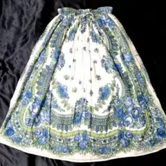 コットン綿素材青と緑の花柄ロングスカートウエストゴム　フリーサイズ　美品