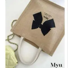 Myu ●リボンプリント　トートバッグ ジュートバッグ ベージュ