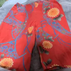 再お値下げ！浴衣リメイク品！花柄カジュアルパンツ朱 赤〜ゆかたパンツ４Ｌ