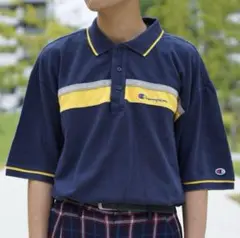 90's champion ポロシャツ　ネイビー　イエロー