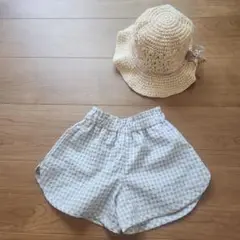 チェック柄ボトムス サイズ90 コットン100% と麦わら帽子 2点セット