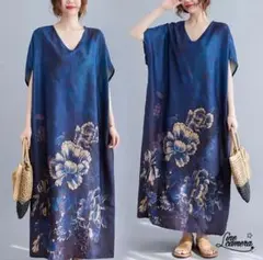F 新品 未使用 夏 薄手 Vネック Aライン 花柄 ボタニカル マキシ ブルー