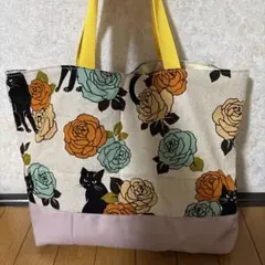 猫と薔薇柄　とっても大きめトートバッグ 手提げバッグ　サブバッグ