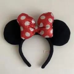 ディズニーランド ミニーマウス スパンコール ドットリボン カチューシャ 赤