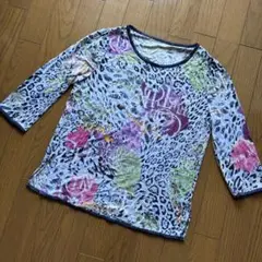 値下げ◾️美品◾️伊太利屋　レオパード柄×花柄 五分袖カットソー　シアー素材
