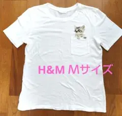 H&M 仔猫プリントTシャツ 胸ポケットあり ホワイト サイズ2 (Ｍ)