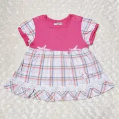 ♡coeur a coeur100cm♡半袖トップス　チェック柄　ピンク　リボン