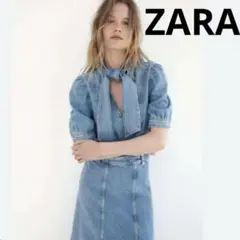 ZARA リボン デニム ボウタイ ギャザー ぽわん袖 ブラウス ブルー