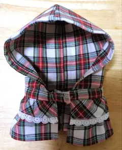 チェック柄フリル付き犬用フード　ハンドメイド　頭巾
