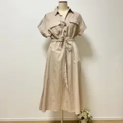 ベージュ 半袖 シャツワンピース ウエストリボン付き