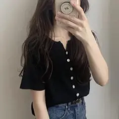 ラウアー✨　黒 リブ編み 半袖Tシャツ ボタン付き　カーディガン　シンプル