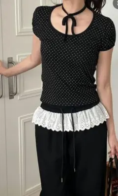 ドットリボンパフ半袖トップス
