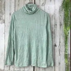 ☆シャルレ☆カットソー 薄手 L タートルネック グリーン シワ加工 光沢 長袖