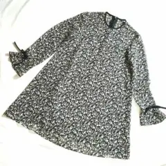エムズグレイシー 花柄 チュニック シフォン 透け感 リボン くるみボタン M