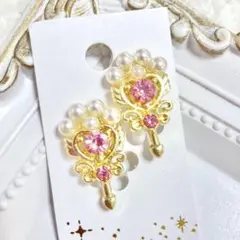 ハンドメイドイヤリング【No.083】痛くない ハート ロッド ガラス パール