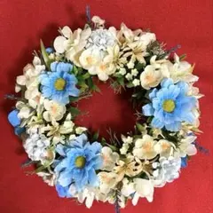 爽やかブルー系　ふっくらした造花リース　玄関リース　ハンドメイド　匿名配送