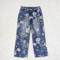ヴィンテージ 古着 花柄プリント ワイドデニムパンツ【Ｌ】レトロ 春夏秋冬