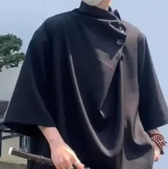 XL カットソー オシャレ モード アシンメトリー メンズ ボタン 黒 半袖
