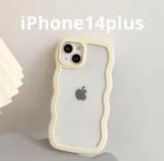 iPhone14plus カバーなみなみクリアケース　雲　韓国風　ライトイエロー
