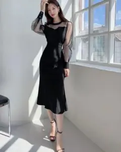 DAZY★コントラストメッシュ　パフスリーブ　フォーマルドレス　ブラック　XL