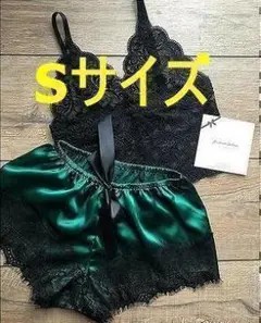 ブラ&ショーツセット 黒緑 ブラックグリーン Sサイズ