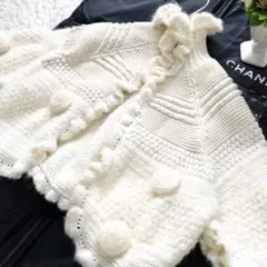 美品 CHANEL シャネル ニット ジャケット ぽんぽん ポンチョ パール