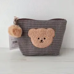 新品 polkapolka 大人チェックアニマル 舟形 ポーチ クマ くま