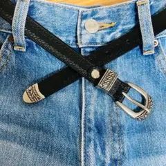 牛革　本革　アンティーク　黒　ウエスタンベルト ナロー レトロ クラシック