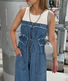 チャオパニック　フリンジベルト付き　デニムベアサロペット