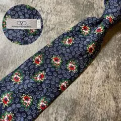 AN242 Como Valemtinoネイビー ブルー 花柄 シルク ネクタイ